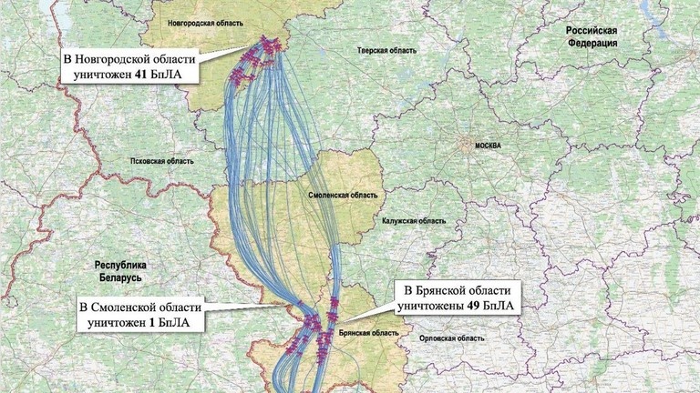 แผนที่ซึ่งเผยแพร่ในวันพุธ (31 ธ.ค. 2025) โดยกระทรวงกลาโหมรัสเซีย พร้อมระบุว่า แผนที่นี้แสดงให้เห็นเส้นทางการบินของฝูงโดรนโจมตีพิสัยไกลของยูเครน ซึ่งมุ่งเล่นงานบ้านพักประธานาธิบดีรัสเซียในแคว้นนอฟโกรอด ในช่วงคืนวันอาทิตย์ที่ 28 ต่อกับก่อนรุ่งสางวันจันทร์ ที่ 29 ธันวาคม 2025 ทั้งนี้ มอสโกบอกว่าเคียฟใช้อากาศยานไร้นักบินในการปฏิบัติการคราวนี้รวม 91 ลำ บินมาจากสถานที่หลายแห่งในยูเครน และบินขึ้นเหนือมุ่งสู่แคว้นนอฟโกรอดของรัสเซีย โดยผ่านน่านฟ้าของแคว้น เบรียสก์, สโมเลนสก์, และ ตเวียร์ (Tver) แต่ทั้งหมดถูกสอยร่วงก่อนจะไปถึงบ้านพักของปูติน