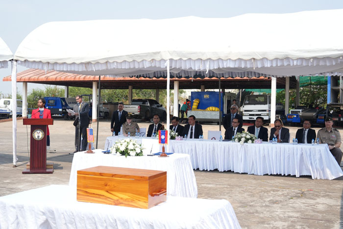 พิธีส่งมอบร่างที่เหลือของทหารอเมริกันซึ่งสูญหายอยู่ในดินแดนลาวช่วงสงครามเวียดนาม กลับคืนบ้านเกิด ซึ่งจัดขึ้นที่นครปากเซ วันนี้ (23 ก.พ. 69)