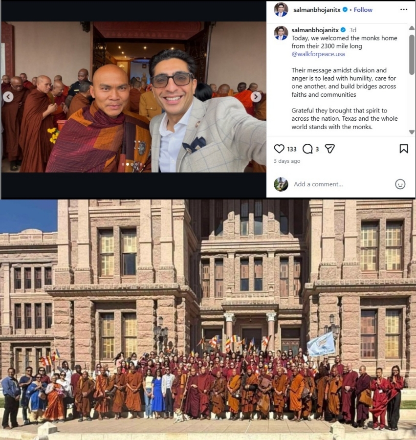 ส.ส.ซัลมาน โภชชานีย์ แห่งพรรคเดโมแครต (ภาพบน สวมแว่นตา) เป็น ส.ส.ระดับรัฐแห่งเขตยูเลส รัฐเท็กซัส เขตเลือกตั้งของวัดพุทธญวนห้วงด่าว  ท่าน ส.ส. ให้การสนับสนุนเป็นอย่างดีแก่คณะสันติภาพยาตรา 