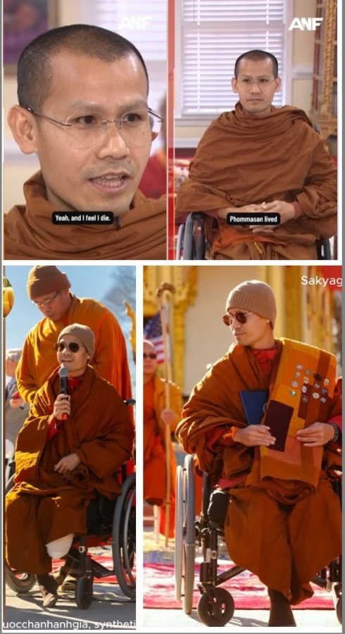 พระมหาดำ โพมมาสาน ขณะให้สัมภาษณ์พิเศษแก่สถานีข่าวแอตแลนตา นิวส์ เฟิสต์ (ANF) สื่อค่ายยักษ์แห่งนครแอตแลนดา รัฐจอร์เจีย โดยออกอากาศเมื่อช่วงสัปดาห์สุดท้ายของปี 2025 (สองภาพบน) ท่านเล่าว่าท่านเป็นเจ้าอาวาสวัดลาวพุทโธขันติ เมืองสเนลวิลล์ ปริมณฑลของมหานครแอตแลนต้า และโดยที่ท่านเป็น 1 ใน 20 พระสงฆ์สายเถรวาท ผู้ร่วมจาริกยาตรา 3,700 กิโลเมตรเพื่อส่งเสริมสันติภาพ Walk For Peace ท่านตั้งใจจะฝึกสร้างพลังสัมมาสมาธิให้สุดความสามารถ แต่เอาเข้าจริง ท่านได้มีส่วนร่วมเพียงช่วง 30% แรก ระหว่างวันที่ 26 ตุลาคม – 19 พฤศจิกายน 2025 เพราะท่านประสบอุบัติเหตุร้ายแรงเกือบมรณภาพ ในการนี้ ภันเตจาก สปป.ลาว เล่าว่าด้วยอานิสงส์แห่งการเจริญสติมาอย่างเข้มแข็ง ท่านจึงเผชิญหน้ากับความตายและผ่านวิกฤติการณ์ได้ด้วยดี พร้อมนี้ ท่านกระตุ้นให้สาธารณชนหันมาเจริญสติและเสริมสร้างพลังสันติสุขให้แก่ตนเอง ทั้งนี้ ในสองภาพล่าง จะเห็นชัดว่า ภันเต โพมมาสาน เสียเท้าไปข้างหนึ่งแล้ว แต่ท่านมีความสุข สดชื่น และความพึงพอใจในตนเอง 