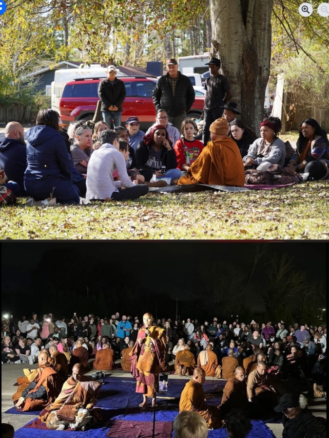 (ภาพบน)หลวงปู่คำวัน พิมมาวง (อายุ 70 ปี) วัดป่าลาวพุทธธรรม ในโรเชสเตอร์ซิตี รัฐนิวยอร์ก สนทนาธรรมะสันติภาพอย่างใกล้ชิดกับศรัทธาญาติโยมชาวอเมริกันหลากหลายเชื้อสายในรัฐแอละบามา ทั้งนี้ เป็นที่คาดได้ว่าในเส้นทางพระป่า หลวงปู่จะมีพลังสัมมาสมาธิที่ทำให้จิตใจของเหล่าผู้ฟังสัมผัสได้ถึงสิ่งที่หลวงปู่เล่าถึง แบบว่าไม่มากก็น้อย ประสบการณ์ตรงแบบนี้เป็นการปลูกเมล็ดธรรมะไว้ให้เติบโตอยู่ในดวงใจของสาธุชน (ภาพล่าง)ในรัฐแอละบามาเช่นกัน หลวงพ่อปัญญาการะนำสวดมนต์และฝึกสอนการทำสมาธิแบบกลุ่ม และในเวลาเดียวกัน พระภิกษุสงฆ์สิบกว่ารูปในภาพนี้จะอยู่ในสภาวะสมาธิขั้นสูงและแผ่เมตตาออกมาไม่มีประมาณ โยมแต่ละรายสามารถรับพลังได้มากบ้างน้อยบ้าง ตามแต่ศักยภาพของแต่ละจิตใจ ในเซสชันที่แทบจะตัวต่อตัวเช่นนี้(ซึ่งในสหรัฐอเมริกามีผู้เชี่ยวชาญพลังจิต จัดคอร์สยกระดับพลังจิตให้แก่ลูกค้า โดยคิดค่าคอร์สครั้งละหลายพันดอลลาร์) จะมีผู้เข้าร่วมจำนวนไม่น้อยที่สามารถเข้าสู่สภาวะสงบสันติ และสามารถนำประสบการณ์อย่างนี้ไปปฏิบัติเองที่บ้านได้ ดังนั้น จะมีศรัทธาญาติโยมที่ติดตามไปร่วมกิจกรรมของคณะพระสงฆ์ Walk For Peace ครั้งแล้วครั้งเล่า บางรายให้สัมภาษณ์แก่รอยเตอร์ว่า ได้เข้าร่วมแล้ว 4 หนในเคาท์ตีต่างๆ และในหนที่ 5 ณ กรุงวอชิงตัน ดี.ซี. เป็นการมาเพื่อขอบพระคุณก่อนที่คณะฯ จะเสร็จพุทธภารกิจ