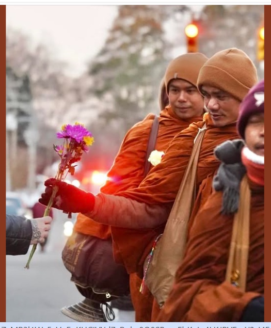 การได้ถวายดอกไม้แก่คณะพระสงฆ์ Walk For Peace เป็นโอกาสที่ชาวเมืองรู้สึกว่าได้ใกล้ชิด ได้รับพร ได้มีประสบการณ์พิเศษเฉพาะตัวกับพระสงฆ์ชาวพุทธผู้สงบสำรวมน่าเลื่อมใส ดังนั้น เมื่อคณะพระสงฆ์จาริกไปถึงนอร์ทแคโรไลนา เวอร์จิเนีย วอชิงตัน ดี.ซี. ซึ่งมีฝูงชนมหาศาลหลายพันชีวิตรอต้อนรับ โอกาสใกล้ชิดแบบนี้มีน้อยลง ในภาพนี้ เป็นบรรยากาศงดงาม พระอาจารย์เดชอำนาจ ธนฺตจิตฺโต วัดหนองทุ่มบัณฑิต จังหวัดหนองบัวลำภู ซึ่งรับดอกไม้จากสาธุชนริมทางยาตราในเซาท์แคโรไลนา