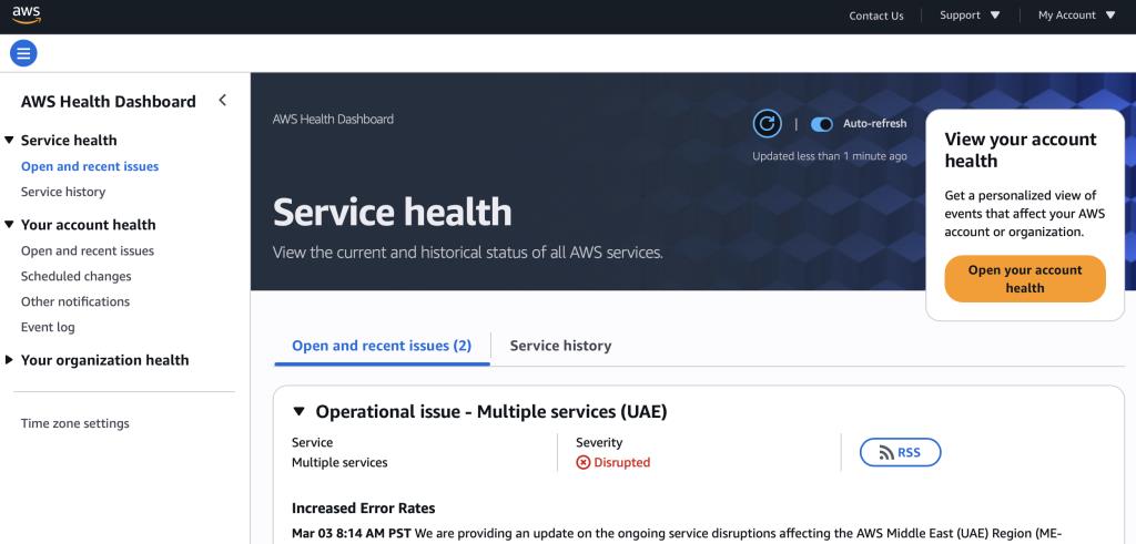 แดชบอร์ดสถานะบริการ (AWS Health Dashboard) 