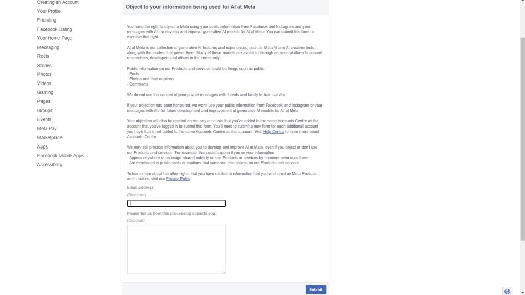 สิทธิ Object ได้ใน Privacy Center ภายใต้ส่วน AI at Meta