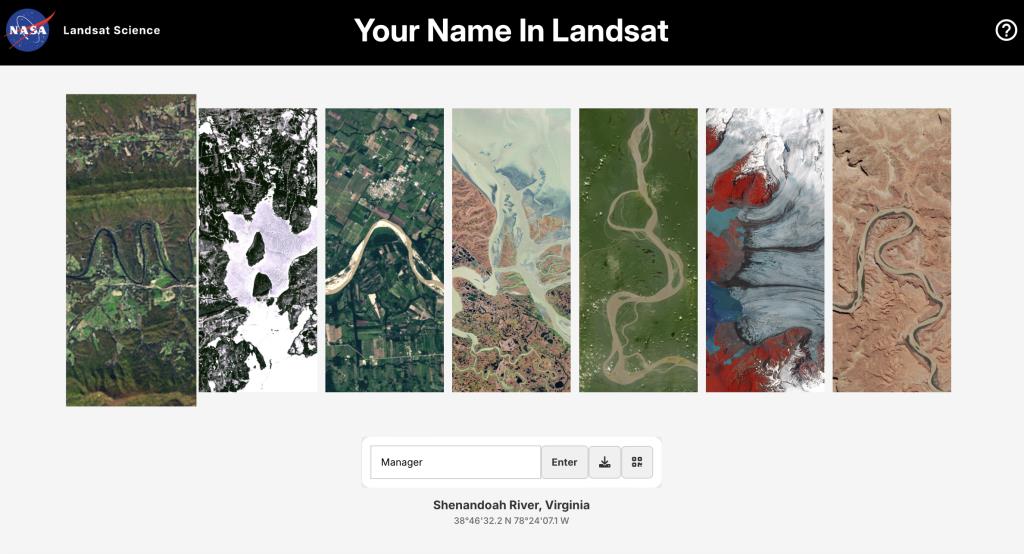 ภาพอักษร M มาจากแม่น้ำ Shenandoah River รัฐ Virginia พิกัด 38?4632.2 N 78?2407.1 W