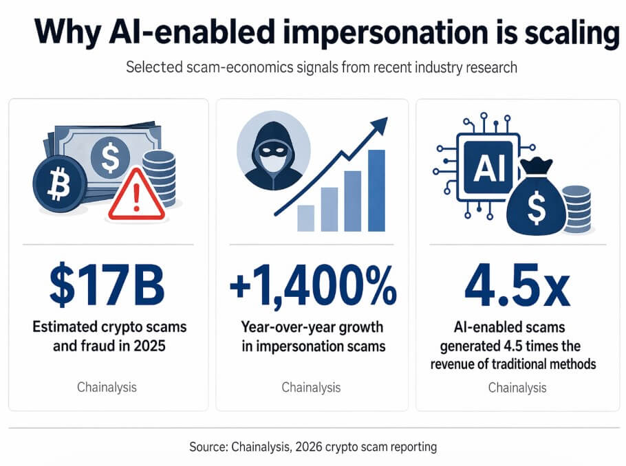 ข้อมูลจาก Chainalysis แสดงให้เห็นว่า การหลอกลวงเกี่ยวกับคริปโตเคอร์เรนซีมีมูลค่าสูงถึง 17 พันล้านดอลลาร์ในปี 2025 การหลอกลวงโดยการแอบอ้างตัวตนเพิ่มขึ้น 1,400% และการหลอกลวงที่ใช้ AI สร้างรายได้มากกว่าการหลอกลวงแบบดั้งเดิมถึง 4.5 เท่า