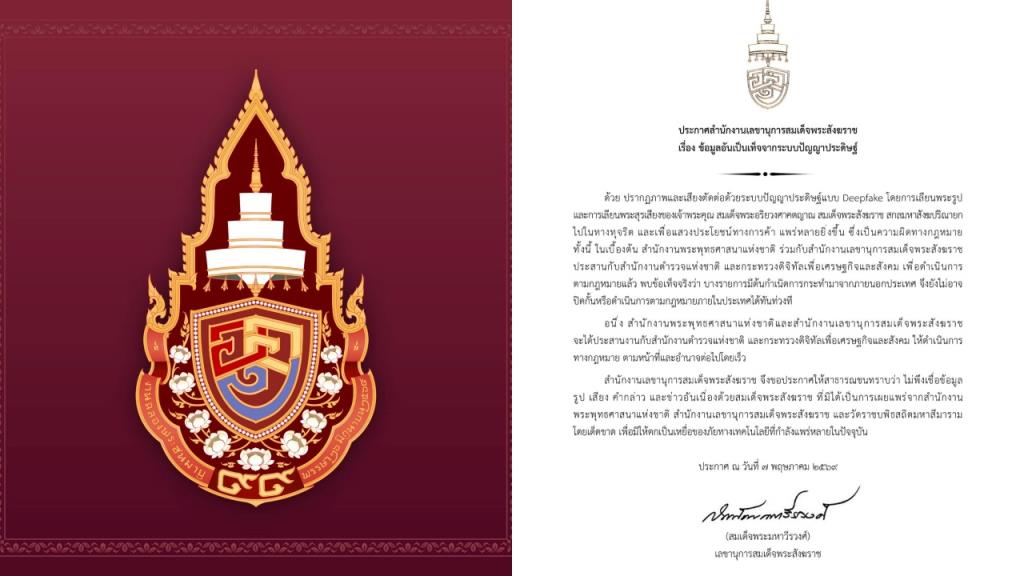 สนง.เลขาฯ สมเด็จพระสังฆราช ประกาศเตือนอย่าหลงเชื่อ ‘คลิปวิดีโอ AI’ เลียนพระรูป-พระสุรเสียงของ ‘สมเด็จพระสังฆราช’