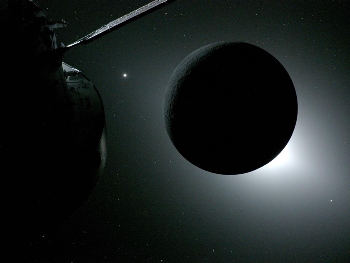 Orion and the Eclipse - กลุ่มดาวโอไรออนและสุริยุปราคาที่บันทึกได้จากกล้องที่ติดตั้งอยู่บนปีกแผงโซลาร์เซลล์ของยานอวกาศโอไรออน ระหว่างการบินผ่านด้านไกลของดวงจันทร์ ภาพ : NASA