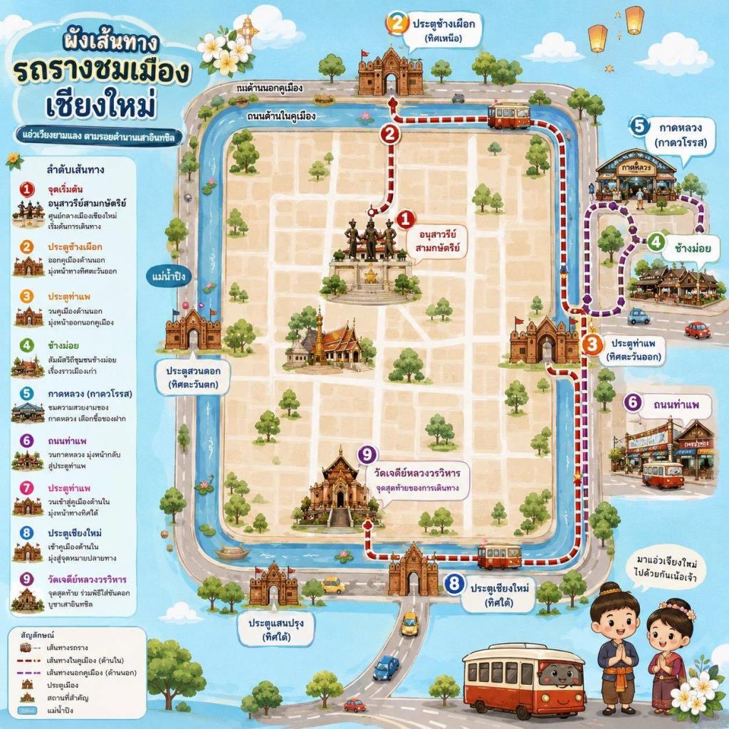แผนที่เส้นทางวิ่งรถรางในเส้นทางมงคล (ภาพ : ททท.เชียงใหม่)