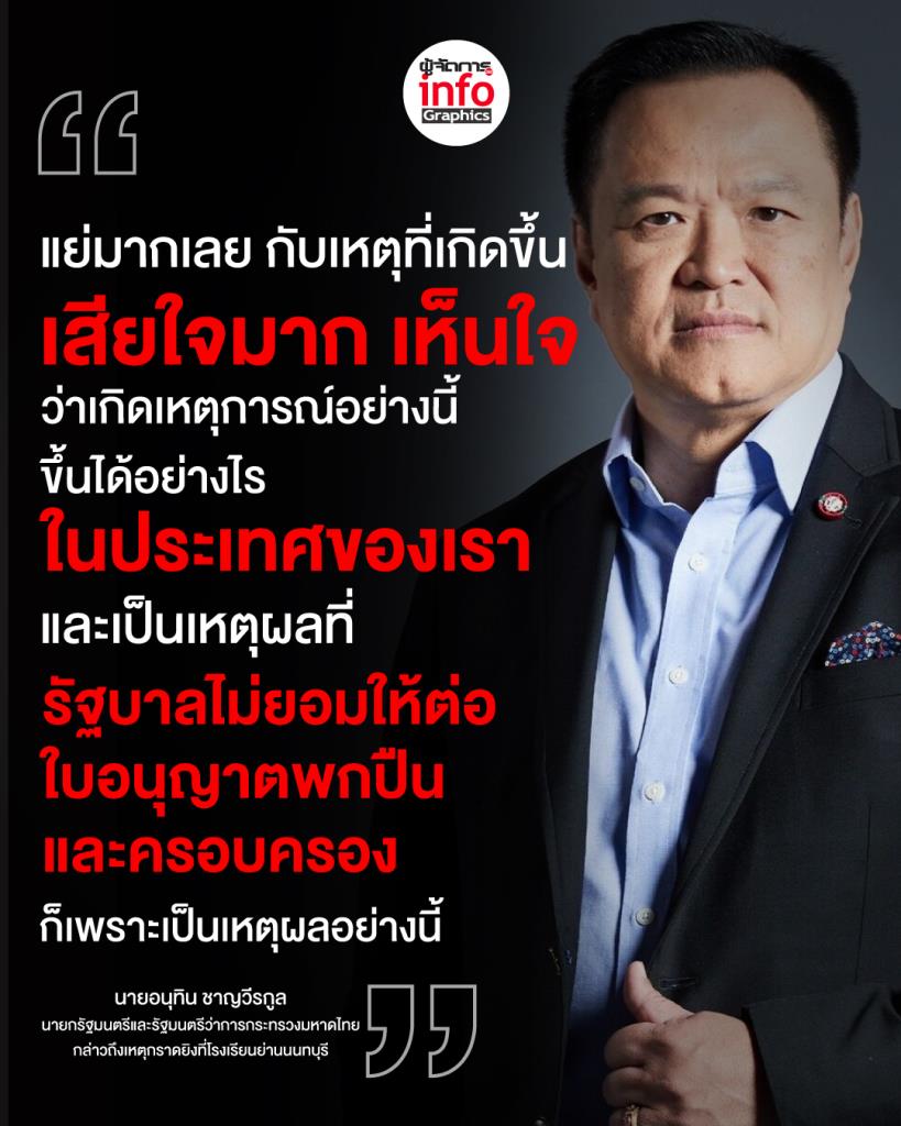 อนุทิน” รู้สึกแย่ เหตุกราดยิง รร.นนทบุรี เสียใจมากกับผู้เสียชีวิต  เป็นเหตุผลรัฐไม่ต่อใบอนุญาตพกปืน