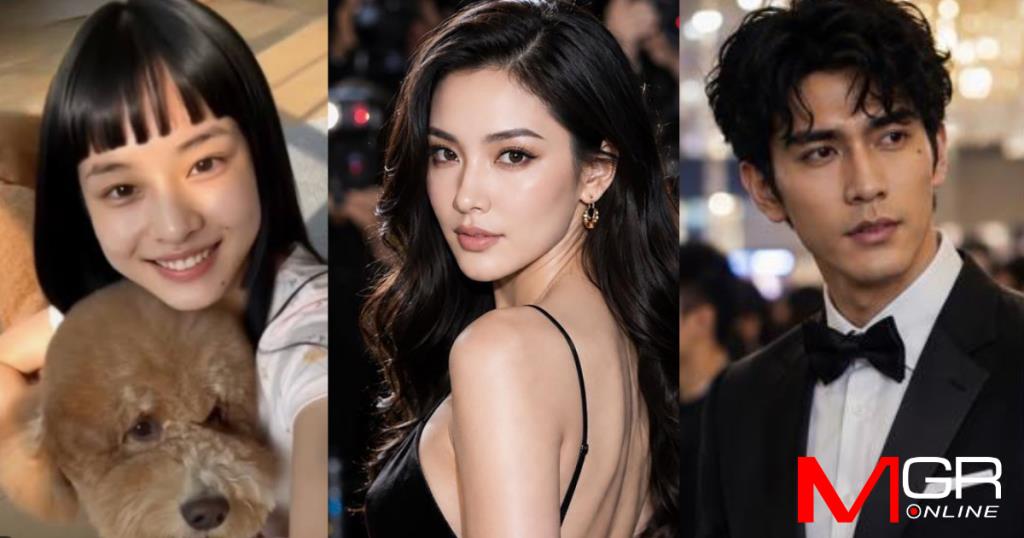 จากซ้าย Fang Taozi นักแสดงหญิง AI จากซีรีส์สั้นจีน, “กานต์-ธาร” จากค่ายกันตนา