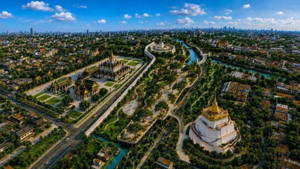 ภาพจำลอง โครงการสวนลอยฟ้า เชื่อมป้อมมหากาฬ-ภูเขาทอง (ภาพ : ฝ่ายประชาสัมพันธ์ โครงการพระราชดำริ ตามพระบรมราโชบาย สำนักเลขาธิการนายกรัฐมนตรี)