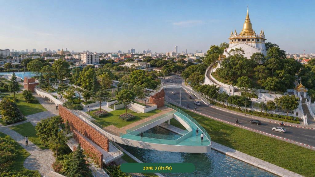 ภาพจำลอง โครงการสวนลอยฟ้า เชื่อมป้อมมหากาฬ-ภูเขาทอง (ภาพ : ฝ่ายประชาสัมพันธ์ โครงการพระราชดำริ ตามพระบรมราโชบาย สำนักเลขาธิการนายกรัฐมนตรี)