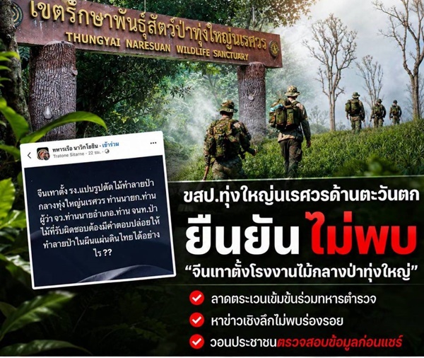 ทุ่งใหญ่นเรศวรฯ แจงด่วน! ไม่พบ “จีนเทา” ตั้งโรงงานไม้กลางป่า ยันลาดตระเวนเข้ม-หาข่าวเชิงลึกไร้ร่องรอย