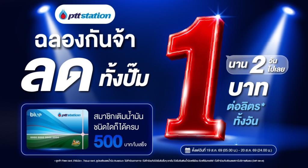 2วันนี้เท่านั้น!เติมพีทีที สเตชั่น ลด 1 บาท/ลิตร ทุกชนิดน้ำมัน