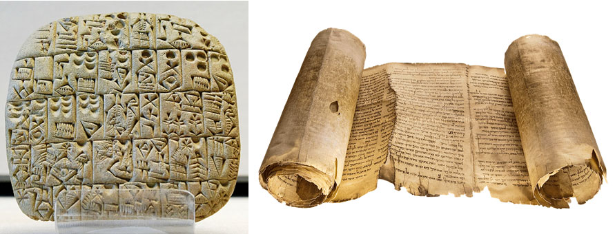 จารึกอักษรรูปลิ่ม (cuneiform) (ซ้าย) กับจารึกทะเลมรณะ (Dead Sea Scrolls) (ขวา) ภาพจาก วิกีเดีย และ https://facsimile-editions.com/dss/