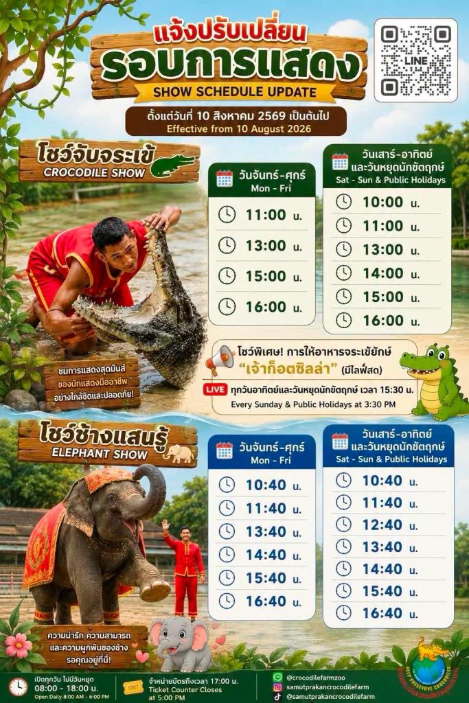 รอบการแสดงโชว์จระเข้-โชว์ช้างแสนรู้ (ภาพจาก : เพจ ฟาร์มจระเข้และสวนสัตว์ สมุทรปราการ-Samutprakan crocodile farm&zoo Thailand) 