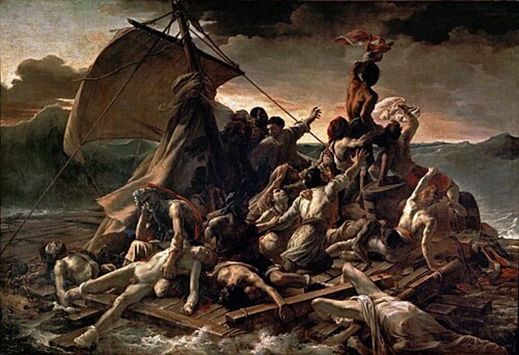 ภาพ Raft of the Medusa ที่วาดโดย Theodore Gericault แสดงเหตุการณ์จริง ที่เรือรบ Medusa เกยตื้นในปี 1816 ผู้โดยสาร 150 คน ถูกลอยแพ และรอดชีวิตเพียง 15 คน ภาพจาก วิกิพีเดีย