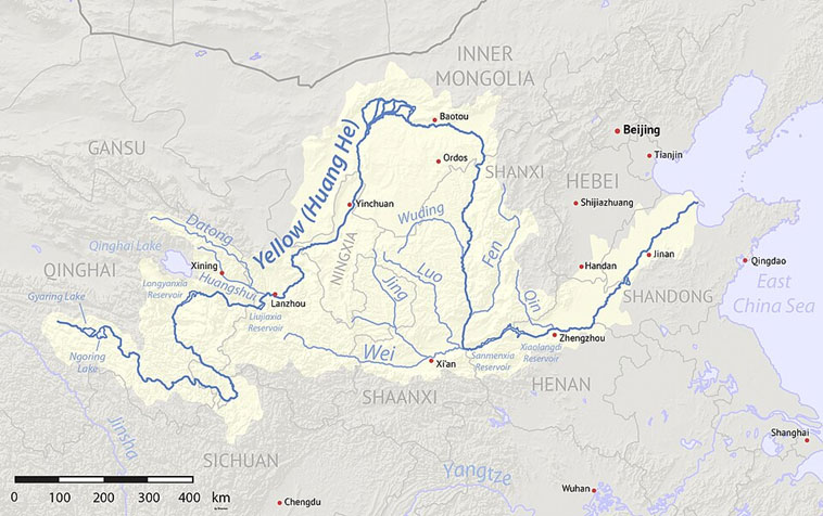 แผนที่แสดงที่ตั้งแม่น้ำเหลืองในจีน ภาพจาก วิกิพีเดีย
