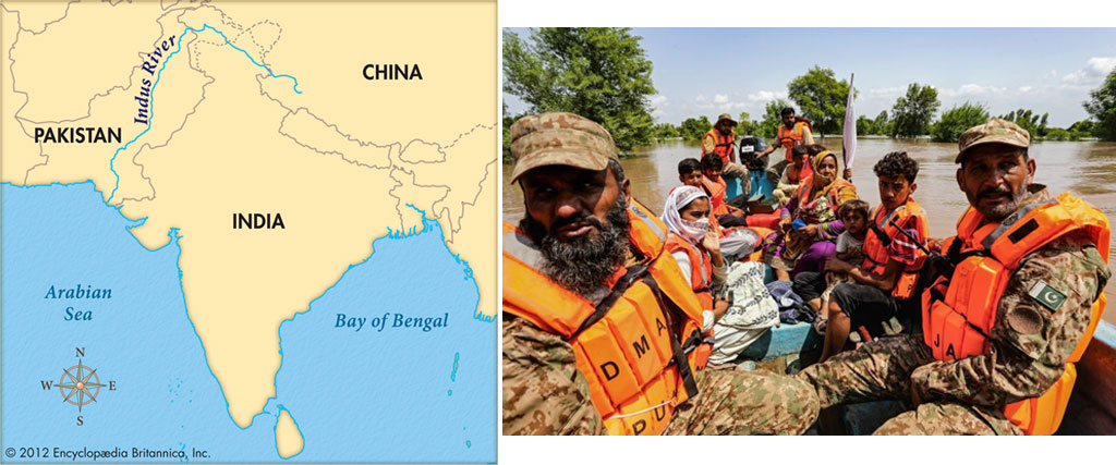 ภาพแสดงแผนที่และเหตุการณ์ทหารปากีสถานช่วยชาวบ้านในแคว้น Punjab อพยพหนีน้ำ เมื่อวันที่ 3 กันยายน ปี 2025 ภาพจาก http://kids.britannica.com/ และ Shahid Saeed Mirza/AFP