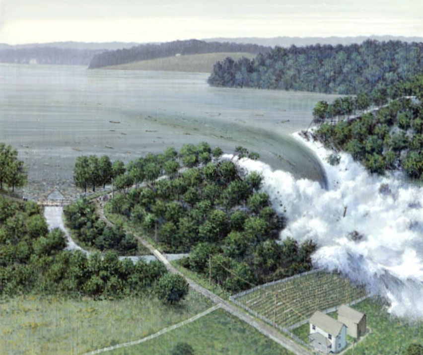 ภาพวาดแสดงเหตุการณ์เขื่อน Johnstown แตก  ภาพจาก NPS/Harpers Ferry Center