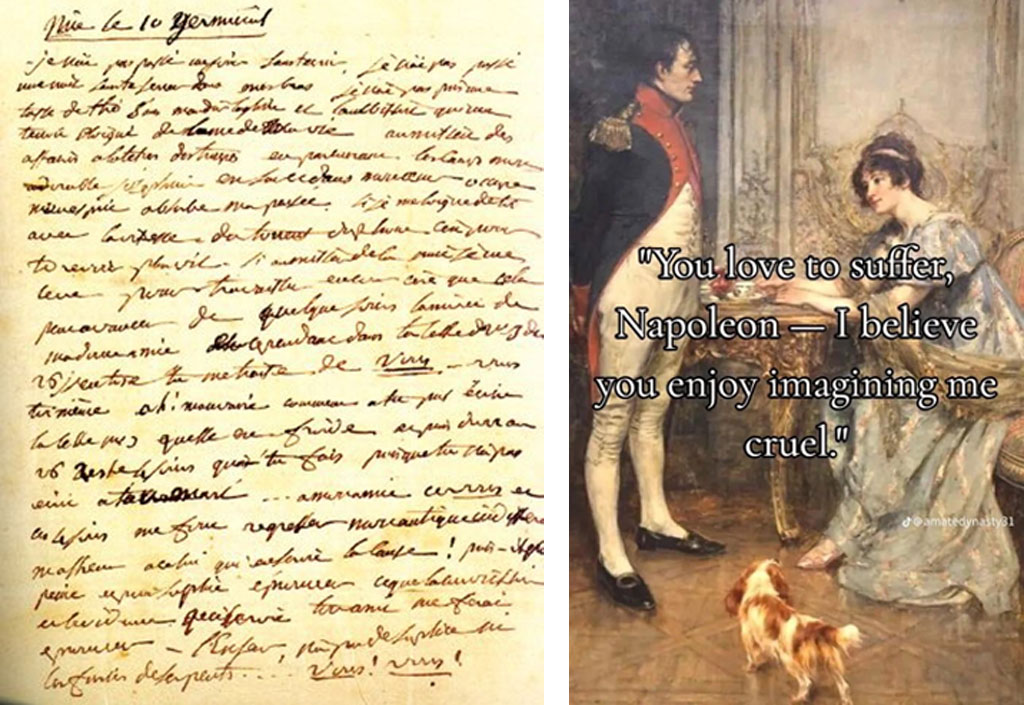 พระราชหัตถเลขาที่จักรพรรดิ Napoleon ที่ 1 ทรงเขียนถึงพระราชินี Josephine (ซ้าย) กับคำแปล  “คุณชอบเป็นทุกข์ เพราะคุณคิดว่าฉันเป็นคนจิตใจโหดร้าย” (ขวา) ภาพจาก www.napoleon.org และ amatedynasty31