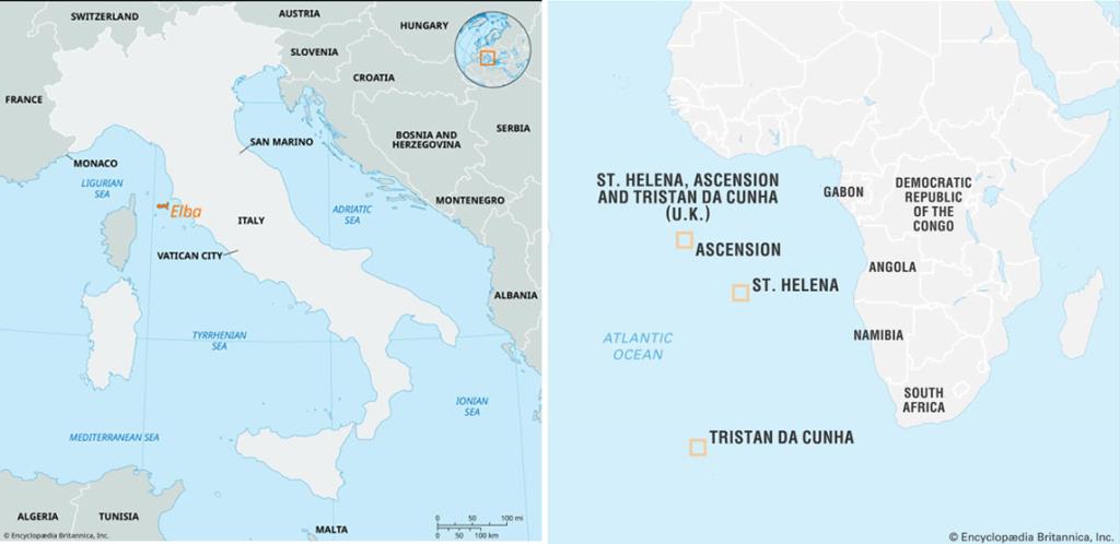 เกาะ Elba (ซ้าย) กับเกาะ Saint Helena (ขวา) เป็นสถานที่ที่ Napoleon ทรงถูกเนรเทศไปครั้งที่ 1 กับครั้งที่ 2 ตามลำดับ ภาพจาก Encyclop?dia Britannica, Inc.