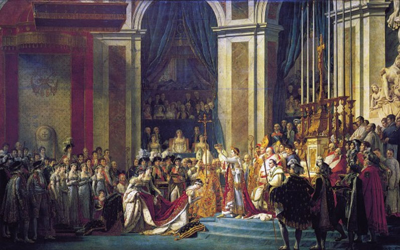 ภาพวาดแสดงพิธีราชาภิเษกของจักรพรรดิ Napoleon ที่ 1 และพิธีสวมมงกุฎของพระราชินี Josephine ที่มหาวิหาร Notre Dame ในกรุง Paris เมื่อวันที่ 2 ธันวาคม ปี 1804 ซึ่งวาดโดย Jacques-Louis David ภาพจาก www.napoleon.org