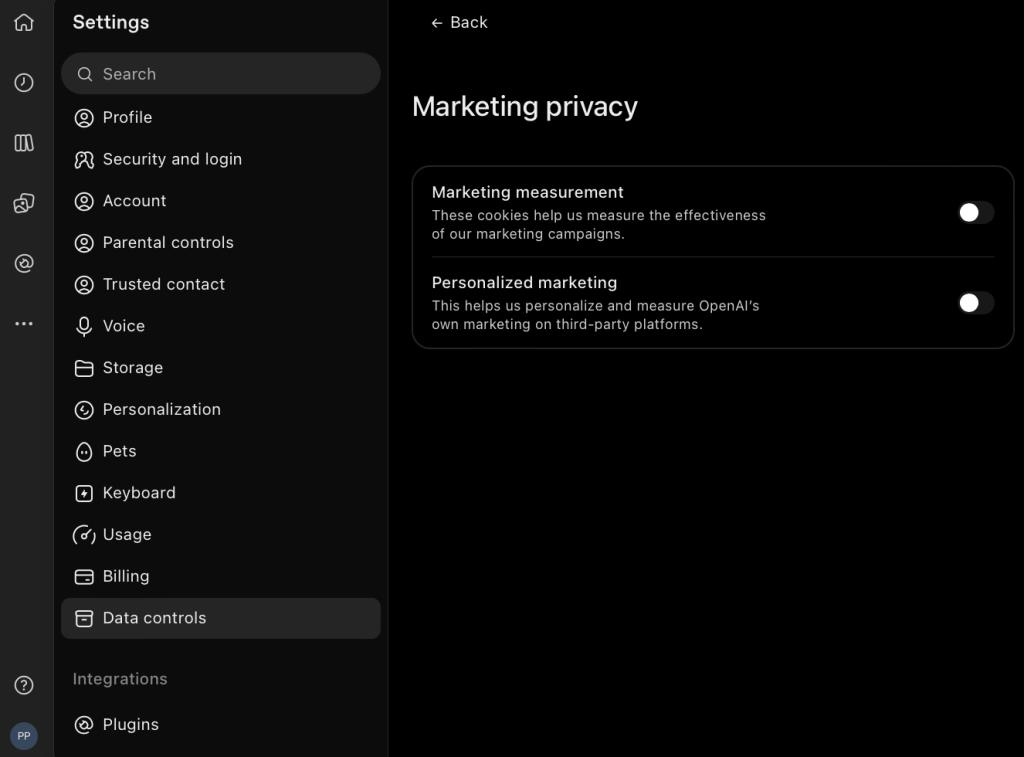 หัวข้อ Marketing privacy และ Personalized Advertising นั้นพบได้ในหน้า Setting บน ChatGPT