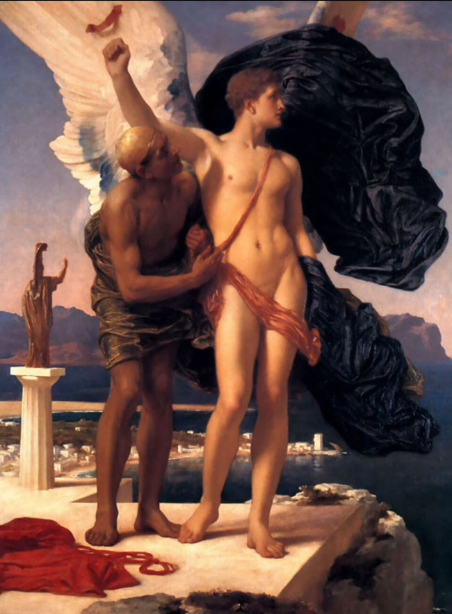 ภาพ Daedalus ผู้พ่อ (ซ้าย) กับ Icarus ผู้ลูก (ขวา) ที่วาดโดย Frederick Leighton ในปี 1869 ภาพจาก วิกิพีเดีย