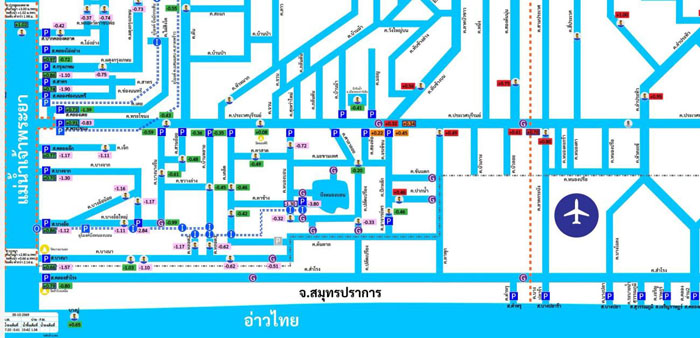 แผนที่แสดงสถานีสูบน้ำสำคัญที่ลงแม่น้ำเจ้าพระยาและอ่าวไทย 