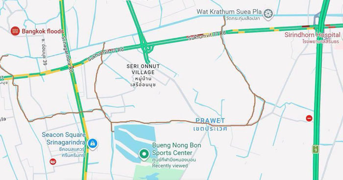 แผนที่แสดงเส้นทางการสูบน้ำจากคลองประเวศมาลงบึงหนองบอนแทนอุโมงค์ยักษ์ที่ผู้รับเหมาทิ้งงาน กทม. เพราะล้มละลาย 