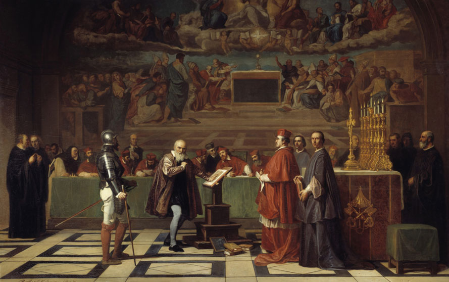 Galileo ขณะถูกไต่สวน โดยตุลาการของศาสนจักร ภาพวาดโดย Joseph-Nicolas Robert-Fleury ภาพจาก วิกิพีเดีย