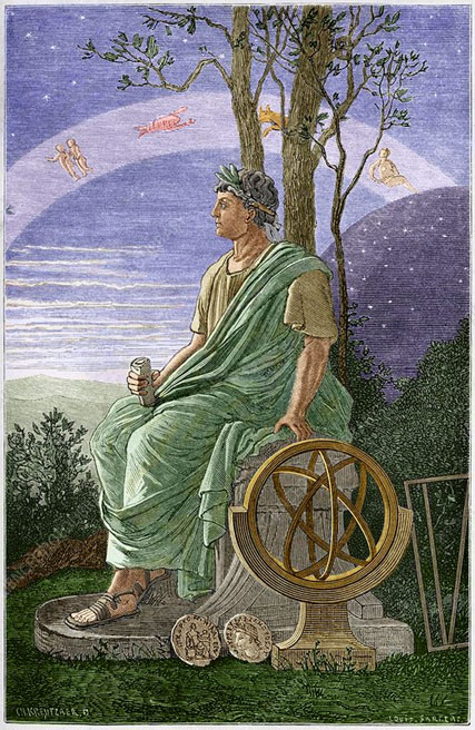 Hipparchus กับทรงกลม armillary (ล่างขวา) ที่ใช้แสดงจักรราศีต่าง ๆ บนท้องฟ้าในเวลากลางคืน ภาพจาก SHEILA TERRY / SCIENCE PHOTO LIBRARY