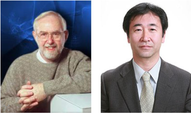 Arthur B. McDonald กับ Takaaki Kajita (ตามลำดับ) ภาพจาก Perimeter Institute/University of Tokyo
