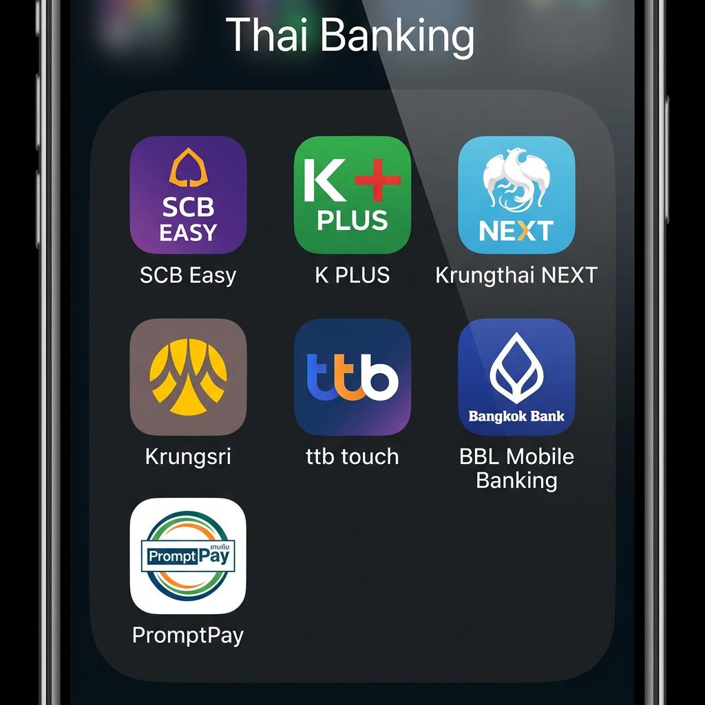 ภาพประกอบจาก AI จำลองสัญลักษณ์แอปพลิเคชันธนาคารไทยบนโทรศัพท์มือถือ