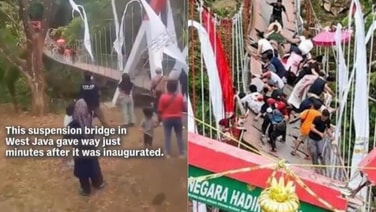 ระทึก! สะพานแขวนคนเดินใน 'อินโดนีเซีย' พังถล่ม หลังทำพิธีเปิดไม่กี่นาที