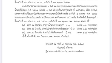 ราชกิจจาฯประกาศปรับลดราคาหน้าโรงกลั่นน้ำมันดีเซล 2.40บาท/ลิตร ตั้งแต่ 16 ก.ย.-31 ต.ค.69