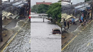 น้ำคลองแสนแสบทะลักท่วมถนนลาดพร้าว ช่วงตรงข้ามตลาดบางกะปิ รถติดหนัก