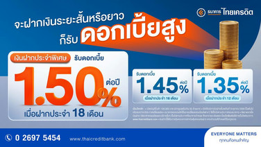 ล็อกดอกเบี้ยสูง 1.50% ต่อปี ธนาคารไทยเครดิต เปิดตัว “เงินฝากประจำพิเศษ” ชูความยืดหยุ่น 3 ระยะเวลา เลือกออมได้สูงสุดนาน 18 เดือน รับผลตอบแทนชัวร์