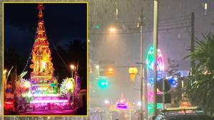 “ขบวนแห่จองพารางานปอยเหลินสิบเอ็ด”เจอฝนกระหน่ำหนัก ต้องหยุดกลางคัน-นักท่องเที่ยววิ่งหลบฝนกันวุ่น