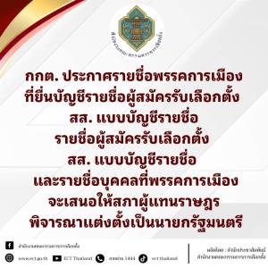 กกต.ประกาศชื่อพรรคการเมืองชิง สส.ปาร์ตี้ลิสต์-แคนดิเดตนายกฯ เป็นทางการแล้ว
