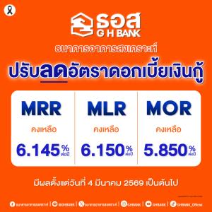 ธอส.ประกาศลดดอกเบี้ยเงินกู้สูงสุด 0.150% มีผล 4 มี.ค.69