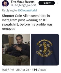 เรื่องจริงหรือจัดฉาก!ขุดเจอมือปืนบุกงานเลี้ยงนักข่าวที่ทรัมป์เข้าร่วม เคยโพสต์ภาพสวมเสื้อ'กองทัพอิสราเอล'