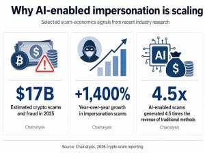 ข้อมูลจาก Chainalysis แสดงให้เห็นว่า การหลอกลวงเกี่ยวกับคริปโตเคอร์เรนซีมีมูลค่าสูงถึง 17 พันล้านดอลลาร์ในปี 2025 การหลอกลวงโดยการแอบอ้างตัวตนเพิ่มขึ้น 1,400% และการหลอกลวงที่ใช้ AI สร้างรายได้มากกว่าการหลอกลวงแบบดั้งเดิมถึง 4.5 เท่า