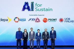 เมื่อวันเปิดโครงการ “AI for Sustain” (จากซ้ายไปขวา) นายเพ็ชร ประภากิตติกุล ผู้อำนวยการด้านสภาพภูมิอากาศและความยั่งยืน AFMA และ ผู้อำนวยการ Sustainism ,นายชัชศรัณย์ คมน์อนันต์ Head of Ecosystem Partnership and Finlab, UOB ,ดร.ปรีสาร รักวาทิน รักษาการรอง ผู้อำนวยการใหญ่ สำนักงานส่งเสริมเศรษฐกิจดิจิทัล (depa),นายบัลลังก์ ว่องธวัชชัย ผู้อำนวยการอาวุโส, Head of Digital Engagement & Ecosystem Partnership, UOB, นายเกรียงไกร เธียรนุกุล ประธานกิตติมศักดิ์ สภาอุตสาหกรรมแห่งประเทศไทย และ นายอกนิษฐ์ สมิตะพินทุ นายกสมาคมบริหารงานจัดซื้อ และซัพพลายเชนแห่งประเทศไทย
